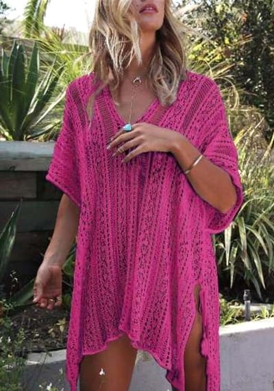 ASTRADAVI Pareo Jurk - Sarong Dress Beachwear -Korte strandkleding Jurk voor Dames met Haakwerk - Roze Fuchsia