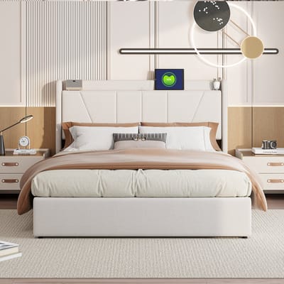 Gestoffeerd bed140x200cm Modern tweepersoonsbed met 2 USB-oplaadpoorten, 1 Type-C-poort, slaapkamerbed met opbergruimte en lattenbodem van 12 stuks, jeugdbed, functioneel bed, beige, zonder matras - gesplitst voor 2 Pakket voor verzending