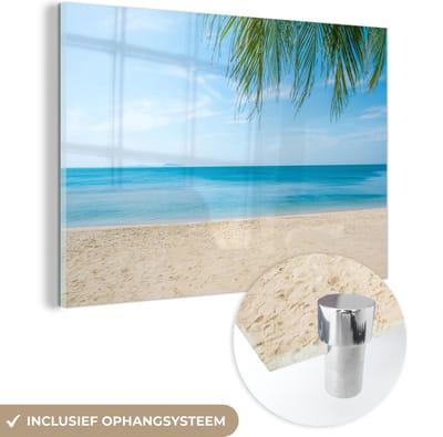 MuchoWow® Glasschilderij 120x80 cm - Schilderij acrylglas - Strand - Tropisch - Palm - Foto op glas - Muurdecoratie woonkamer - Wanddecoratie slaapkamer - Schilderijen