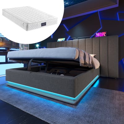 SINGULARITY-Gestoffeerd bed 160x200- tweepersoonsbed met opbergruimte en app-bediening LED- linnen- grijs- met matras- zonder nachtkastje