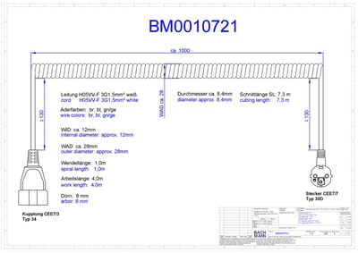CEE 7/7 (haaks) - CEE 7/3 (recht) stroom spiraal verlengkabel - 3x 1,50mm / wit - 4 meter