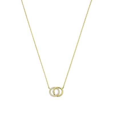 9NBG-1019 – New Bling – Ketting dubbele cirkel met 17 zirkonia – 14kt geelgoud – 38 cm + 2.5 cm + 2.5 cm (verstelbaar)