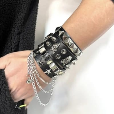 3 stuks / 1 stuk Heren Punk Rock Studded Armband Set, PU Lederen Armband, Er kunnen lichte kleurverschillen zijn, raadpleeg 3-piece Set zwart
