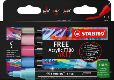STABILO FREE Acrylic - Acryl Marker - T300 Candy Set - Ronde Punt 2-3 mm - Etui Met 5 Kleuren