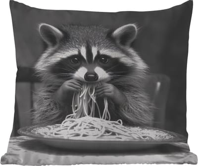 Buitenkussen Weerbestendig - Wasbeer - Cute - Pasta - Tafelkleed - Zwart - Wit - 50x50 cm
