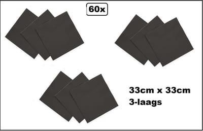 60x Servetten zwart 33cm x 33cm - 3 laags - Cocktail servet diner eten knoeien restaurant BBQ thema feest verjaardag feest