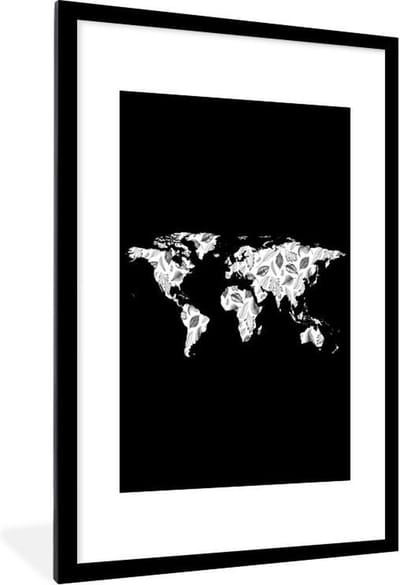 Poster in lijst - Fotolijst 60x90 cm - Posters - Wereldkaart - Bladeren- Design - Posterlijst zwart - Decoratie - Wanddecoratie woonkamer - Muurdecoratie slaapkamer