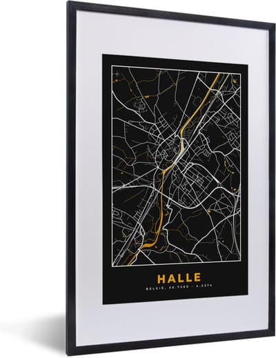 Fotolijst incl. Poster - Halle - Kaart - Plattegrond - Black en gold - Stadskaart - 40x60 cm - Posterlijst