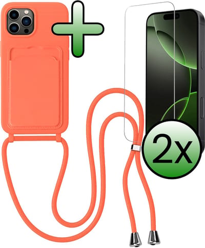 Hoes Geschikt voor iPhone 16 Pro Hoesje Pas Houder Case Hoes Met Koord Met 2x Screenprotector - Hoesje Geschikt voor iPhone 16 Pro Hoes Met Telefoonkoord Pasjeshouder Cover - Papaya