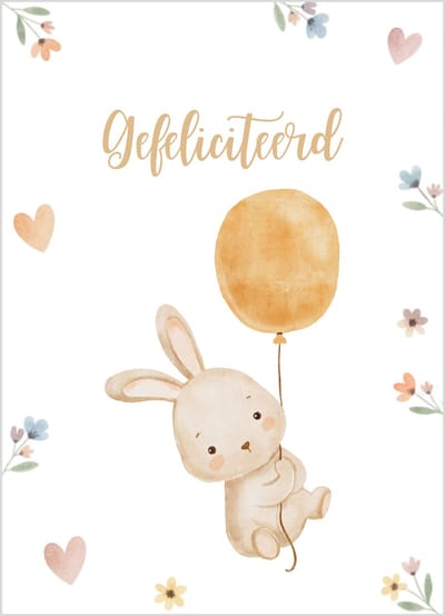 Wenskaart gefeliciteerd konijn ballon kinderen – 10x15 cm – stevige kaart 400 grams – inclusief kraft envelop – verjaardagskaart kind