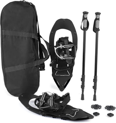 COSTWAY Sneeuwschoenen met klimhulp, schoenmaat 35-45 tot 68/90 kg, lichte sneeuwschoenenset van aluminium met trekkingstokken en draagtas, voor heren, dames en jongeren