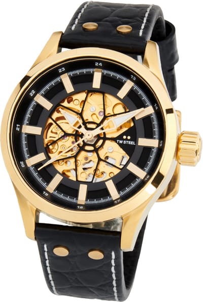 TW Steel TWVS131 New Volante Heren Horloge - Mineraalglas - Staal/Leer - Goudkleurig/Zwart - 45 mm breed - Automatisch - Gesp - 10 ATM (zwemmen)