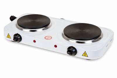 HEM Elektrische Camping Kookplaat Dubbel 2x1000W – 2 Pits Vrijstaand Wit – Met Thermostaat – Voor Camper & Caravan – Inclusief HEM Microvezel Schoonmaakdoekje