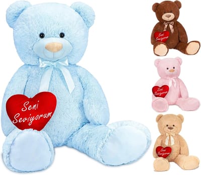 BRUBAKER XXL Teddybeer 100 cm - Zacht Speelgoed Knuffel - Lichtblauw Met hart "Seni Seviyorum" - Cadeau - Valentijn
