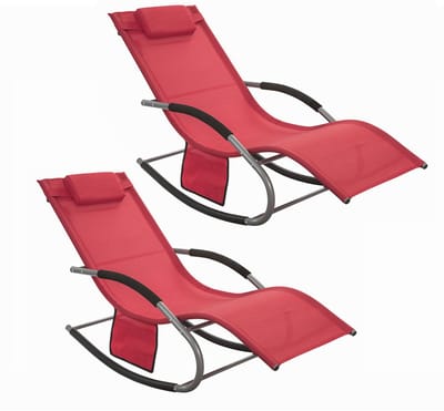 SoBuy Set van 2 Ligstoelen, Tuinstoelen, Schommelstoel met Verstelbare Hoofdsteun, Opbergzak - Voor Tuin, Balkon, Strand, Buiten, Rood, OGS28-Rx2