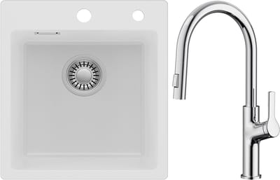 Auralum max Spoelbak voor keuken 40x45CM - Graniet Spoelbakken Met Keukenkraan met Uittrekbare Uitloop - Enkele spoelbak Wit - Met waterafvoersysteem - Voor 40 cm kast