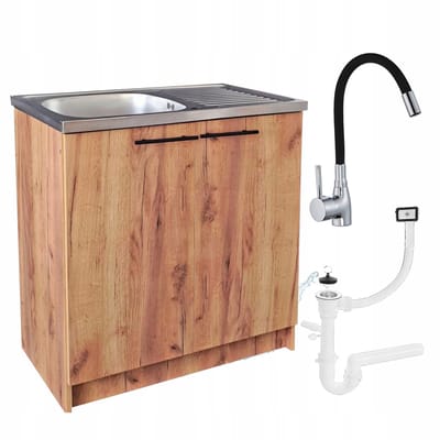 STAMAR - Keukenkast 80cm - Onderkast met Spoelbak met één compartiment + kraan + sifon - Eiken Goud