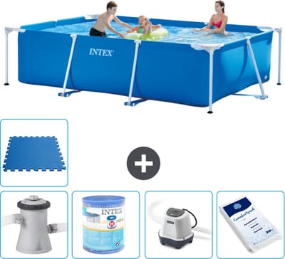 Intex Rechthoekig Frame Zwembad - 300 x 200 x 75 cm - Blauw - Inclusief Zwembadfilterpomp - Filter - Zoutwatersysteem - Zwembadzout - Vloertegels - 6-delig