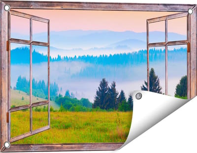 Gards Tuinposter Doorkijk Mistige Heuvel Landschap met Bossen - 60x40 cm - Tuindoek - Tuindecoratie - Wanddecoratie buiten - Tuinschilderij