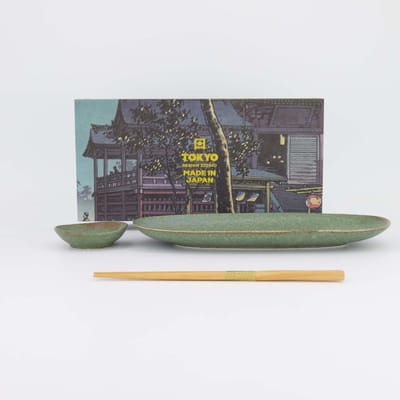 Tokyo Design Studio - Vert Sauge Sushi Giftset 2pcs w/ chopsticks 28.5x12.5cm & 8.3x2.3cm - (Oval Plate)