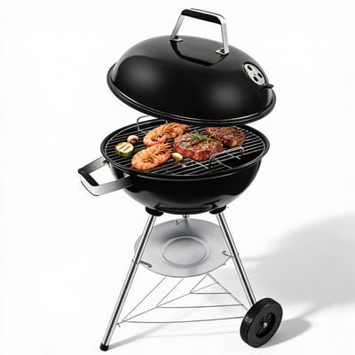 Houtskool Barbecue Met Deksel Voor Authentieke BBQ Smaak – Houtskoolbarbecue Op Wielen Met Stevig Metaal Design Voor Eenvoudig Verplaatsen – Kogelbarbecue Rond 51 x 47 x 78 cm Voor Tuin, Balkon en Camping | Zwart Design Met Optimale Warmteverdeling