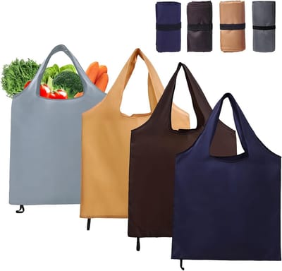 Vouwbare boodschappentas set van 4, 56 x 69 cm, herbruikbare en milieuvriendelijke tas voor winkelen, picknick en kamperen, in khaki, blauw, koffie en grijs
