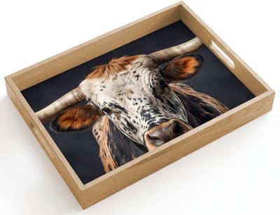 Dienblad hout 40x30 cm - Schootdienblad - Stier - Kleurrijk - Hoorns - Borrelplank rechthoek - Plateau dienbladen