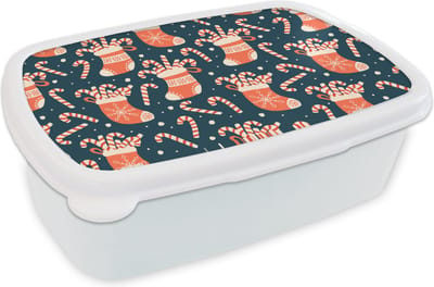 Broodtrommel Wit - Lunchbox - Brooddoos - Sokken - Snoep - Kerst - Patronen - 18x12x6 cm - Volwassenen