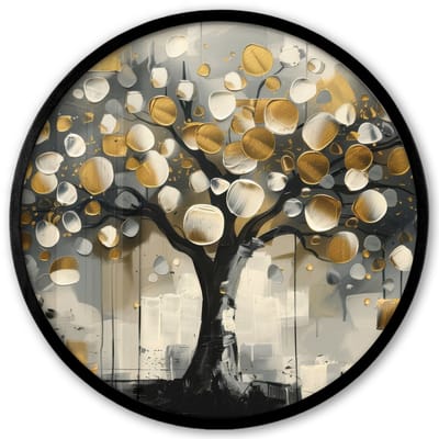 Poster in lijst Rond - Fotolijst 40x40 cm - Posters - Boom - Abstract - Beige - Goud - Zwart - Ronde posterlijst zwart - Decoratie - Wanddecoratie woonkamer - Muurdecoratie slaapkamer