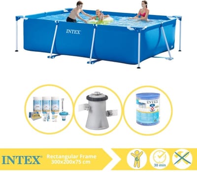 Intex Rechthoekig Frame Zwembad - 300 x 200 x 75 cm - Blauw - Inclusief Onderhoudspakket - Zwembadfilterpomp - Filter - 4-delig
