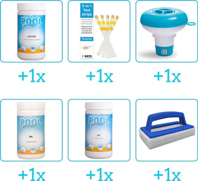 Zwembad Onderhoudspakket - Onderhoud Zwembad - bevat Chloor - Testrips - Chloordrijver - PH-min - PH-plus en Scrubborstel (6-delig)
