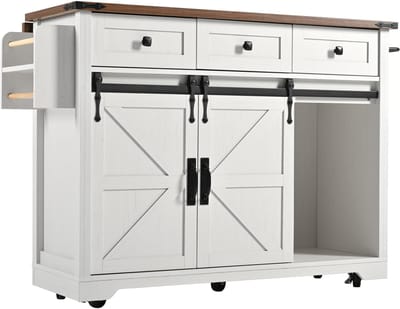 Keukeneiland op Wielen - Uitschuifbaar Werkblad - Met Lades en Schuifdeuren - Voor Keuken en Eetkamer - Beige MDF