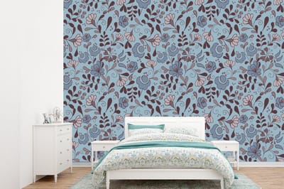 Behang - Fotobehang Patroon - Bloem - Grijs - Blauw - Breedte 360 cm x hoogte 260 cm