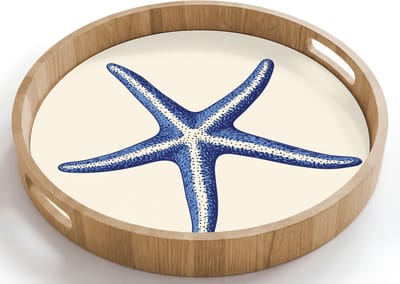 Dienblad rond 40x40 cm - Schootdienblad hout - Blauwe zeester - Minimalistisch - Beige - Borrelplank rechthoek - Plateau houten dienbladen