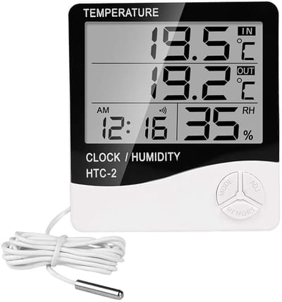 Digitale Thermo-Hygrometer - Binnen & Buiten Temperatuurmeter - Luchtvochtigheidsmeter met Klok - Wekker - Min/Max Geheugen - Inclusief Batterij - Wit