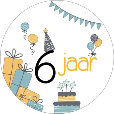 20x Sluitsticker 6 Jaar - Geel Blauw - 40 mm - Verjaardags sticker - Sluitzegel - Sticker Verjaardag jongens meisjes - Ballonnen - Cadeau's Kado's - Glossy - Sluitzegel - Wensetiket - Uitdelen - Jarig - Trakteren - Hoera