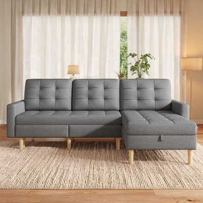 MIVRAY Hoekbank 212 x 130 x 86 cm - Omkeerbare Chaise Longue Met Dubbele Opbergruimte - 3-Zits Voor Woonkamer - Stof Grijs