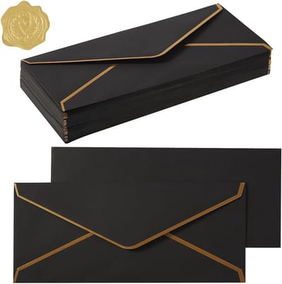 50 Stuks Zwarte #10 Enveloppen Linnenstructuur met Gouden Rand & Stickers voor Zakelijk Gebruik en Brieven - 10 x 22 cm