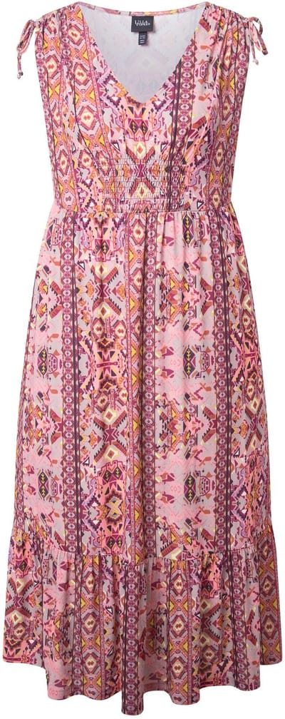 Ulla Popken - Dames - Maxi-jurk grafische print V-hals mouwloos - Roze - Maat 50+