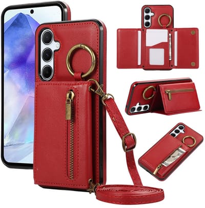 Telefoonhoesje geschikt voor Samsung Galaxy A57 5G - rood - hoesje met koord en rits - portemonnee wallet back case hoesje met rits - telefoonhoesje - hoesje met koord te gebruiken als draagtasje - back case