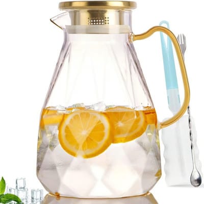 Home & Marker – Glazen Waterkaraf met Diamantpatroon – 2,2L – Hittebestendige Glazen Kan van Borosilicaatglas – Deksel met Filter – Voor Water, Thee, Sap & Limonade – DIAPOUR