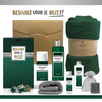 Geschenkset “Bedankt voor je inzet!” - 7 producten - 1410 gram | Luxe Kerst Cadeaubox voor hem - Wellness Pakket man - Giftset Fijne feestdagen - Cadeaupakket Prettige Kerstdagen - Kerstcadeau - Kerstpakket Cadeau - Relatiegeschenk - Goud - Groen