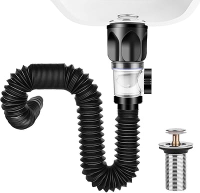 Afvoerset Voor Wastafel | Uitbreidbaar 300-1000mm Sifon | Flexibele Afvoer Met Intrekbaar Filterstop | Zwart | Universeel Voor Badkamer En Keuken | Geurafdicht | Lekvrij | Eenvoudig Te Installeren | Cyslmuk®