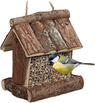 Famanu – Vogelvoederhuisje hangend - hout - voor tuin - HBD: 17x15x12 cm - met silo - vogelhuisje voor kleine vogels - natuur