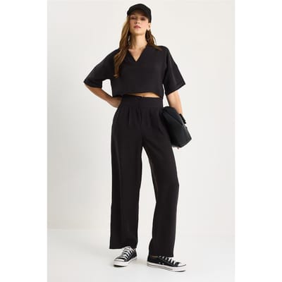 V-hals Gebreid Twee-Delig Coördinatie Set met Wijduitlopende Broek