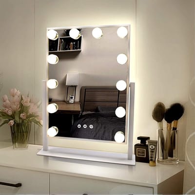 Hollywood Make Up Spiegel met Verlichting - Holywood – Visagie – 48 x 36.5 cm - Met Rand – 12 Dimbare Led Lampen Met 3 Kleuren - 360 graden rotatie – Wit