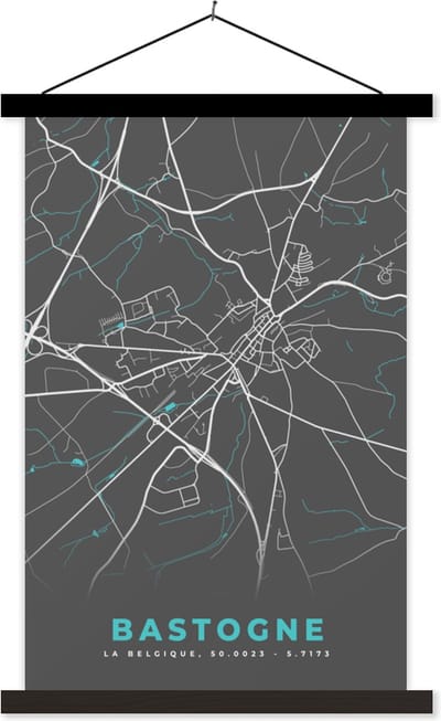 Posterhanger incl. Poster 40x60 cm - Schoolplaat - Kaart – Plattegrond – Stadskaart – Bastogne – België - Grijs - Textielposter - Zwarte latten - Stadskaart