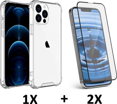 Casemania Hoesje Geschikt voor Apple iPhone 14 Pro - Transparant / 2X Volledige Glazen Screenprotector - Anti-Shock Hybrid Back Cover