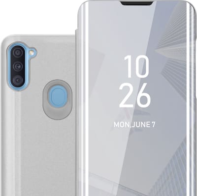 Cadorabo Hoesje geschikt voor Samsung Galaxy A11 / M11 in AGAAT ZILVER - Clear View Spiegel Beschermende Case met Tribunefunctie 360 Graden Bescherming Book Case Cover Etui