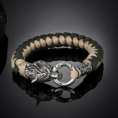 Retro Noorse Odin's Wolf Survival Armbanden Heren Viking Geri&Freki Roestvrijstalen Paracord Touw Armbanden Handgemaakte Outdoor Sieraden 21cm black